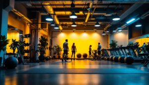 A photograph of a well-lit gym environment showcasing various types of lighting fixtures in use