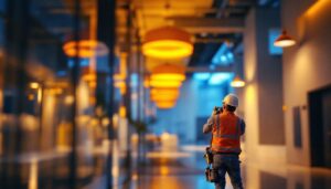 A photograph of a modern architectural space illuminated by innovative lighting designs