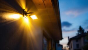 A photograph of a skilled lighting contractor installing a wall-mounted flood light on a residential or commercial building at dusk