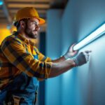 A photograph of a skilled lighting contractor installing long strip lights in a modern interior space