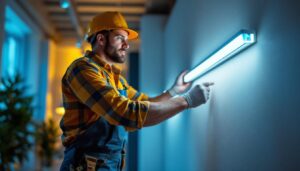 A photograph of a skilled lighting contractor installing long strip lights in a modern interior space