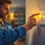 A photograph of a lighting contractor at work