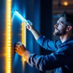A photograph of a skilled lighting contractor expertly installing or showcasing a vibrant 6-foot led light strip in a modern interior setting