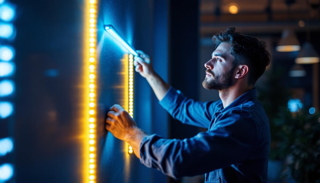 A photograph of a skilled lighting contractor expertly installing or showcasing a vibrant 6-foot led light strip in a modern interior setting