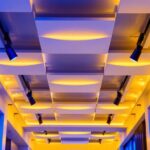A photograph of a beautifully designed interior space featuring flush mount ceiling tiles