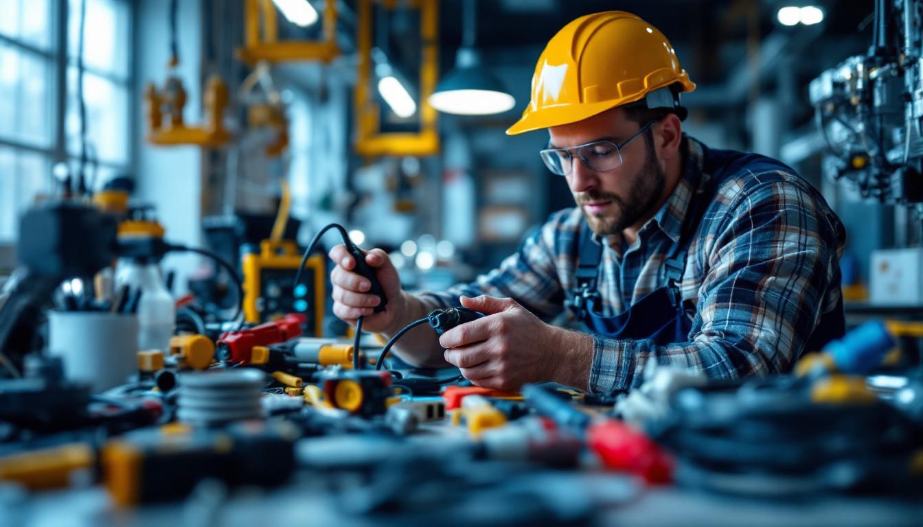 A photograph of a lighting contractor skillfully handling various types of electricity cords and connectors in a well-lit workspace