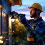 A photograph of a skilled lighting contractor expertly installing outdoor lighting in a beautifully landscaped setting during twilight