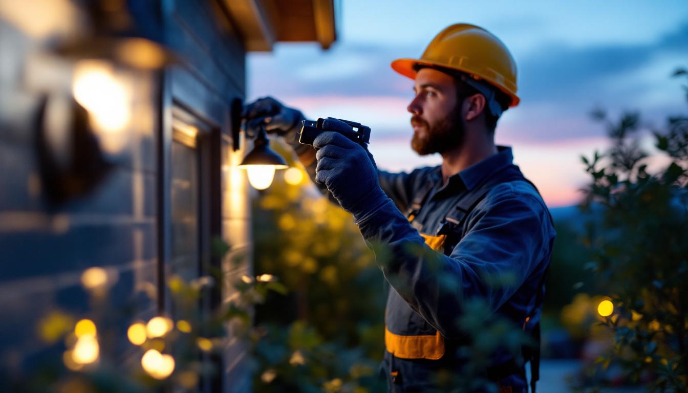 A photograph of a skilled lighting contractor expertly installing outdoor lighting in a beautifully landscaped setting during twilight