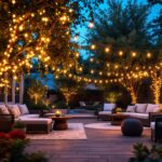 A photograph of a beautifully lit backyard scene showcasing elegant light strings draped across trees and patio areas