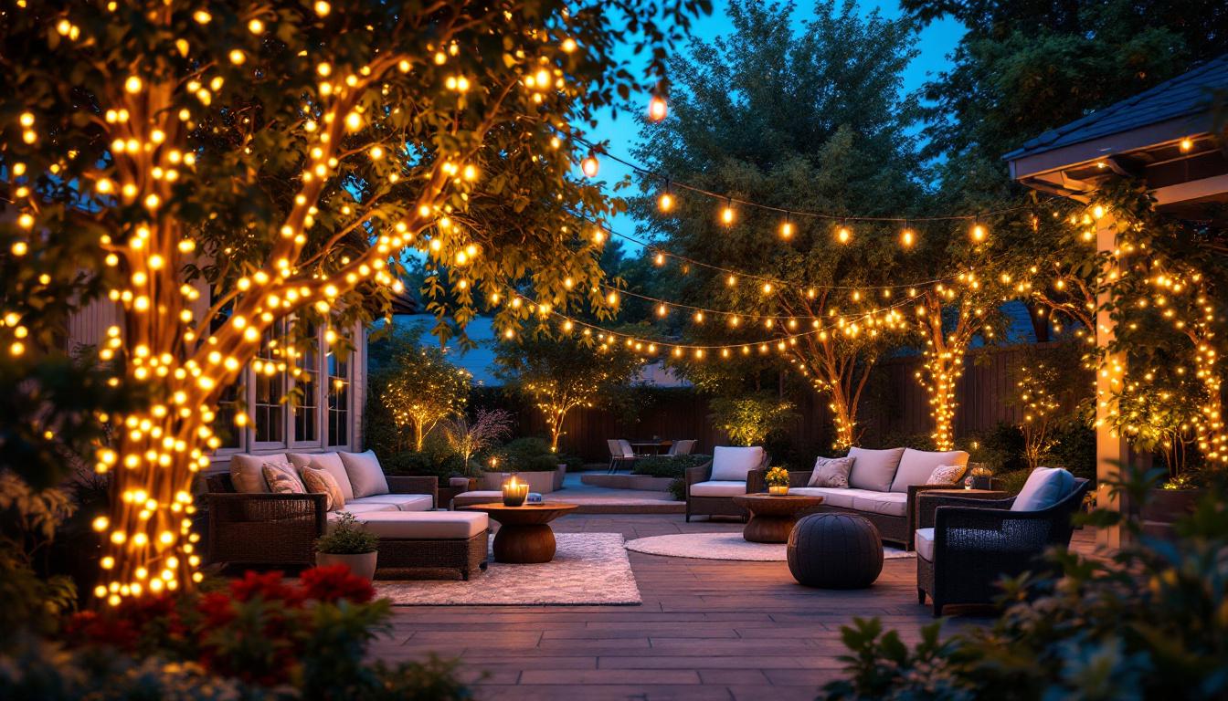 A photograph of a beautifully lit backyard scene showcasing elegant light strings draped across trees and patio areas