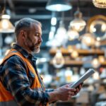 A photograph of a lighting contractor examining various wholesale lighting fixtures in a well-lit showroom