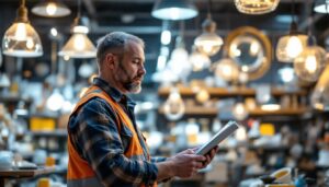 A photograph of a lighting contractor examining various wholesale lighting fixtures in a well-lit showroom