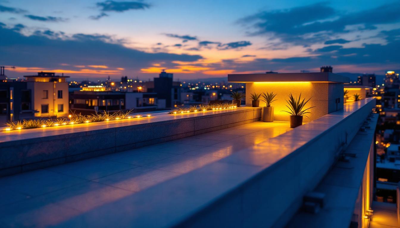 A photograph of a beautifully illuminated rooftop featuring stylish led lighting installations