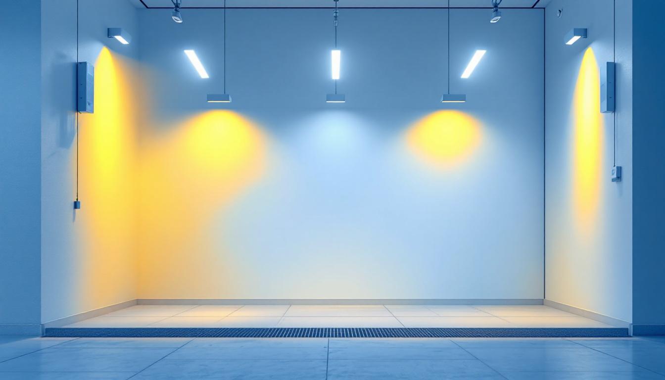 A photograph of a well-lit interior space showcasing wall-mounted linear lighting fixtures