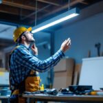 A photograph of a lighting contractor installing a 2 ft led tube light in a modern workspace