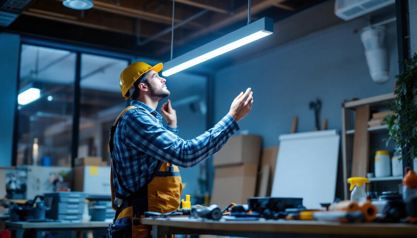 A photograph of a lighting contractor installing a 2 ft led tube light in a modern workspace