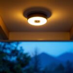 A photograph of a stylish ceiling porch light with an integrated outlet