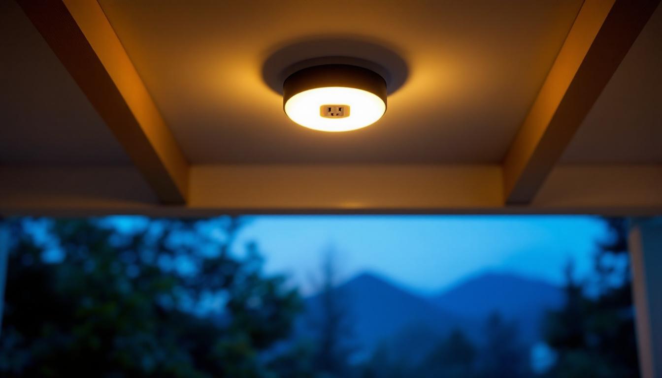 A photograph of a stylish ceiling porch light with an integrated outlet
