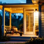 A photograph of a beautifully illuminated porch at dusk