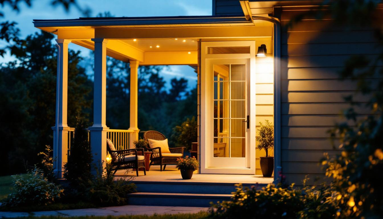 A photograph of a beautifully illuminated porch at dusk