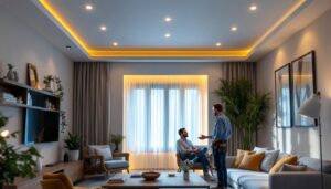 A photograph of a well-lit room showcasing both 4-inch and 6-inch recessed lights installed in a stylish ceiling