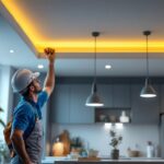 A photograph of a modern ceiling lighting installation in a stylish interior setting