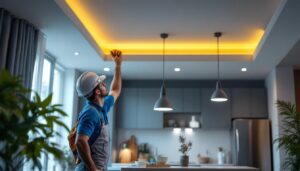 A photograph of a modern ceiling lighting installation in a stylish interior setting