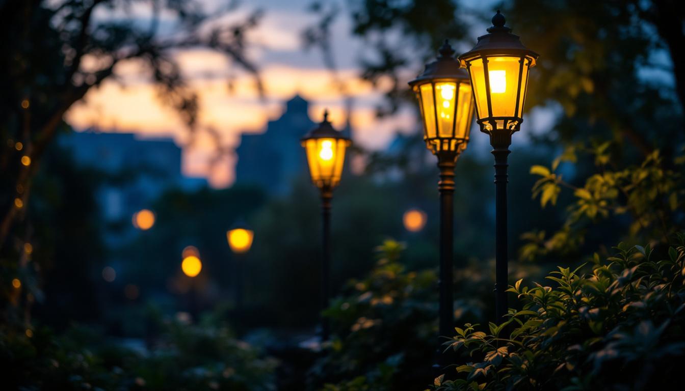 A photograph of a beautifully designed outdoor lamp post illuminated at dusk