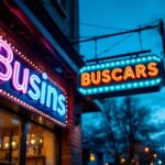 A photograph of a well-lit outdoor business sign at dusk