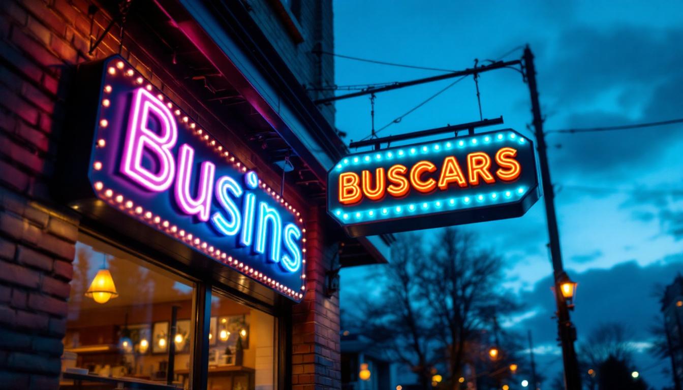 A photograph of a well-lit outdoor business sign at dusk