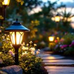 A photograph of a beautifully illuminated solar power garden light in a lush garden setting during twilight