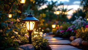 A photograph of a beautifully illuminated solar power garden light in a lush garden setting during twilight