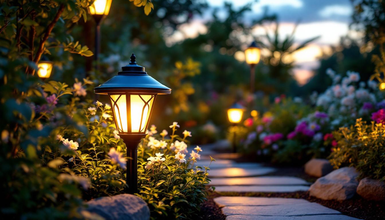 A photograph of a beautifully illuminated solar power garden light in a lush garden setting during twilight