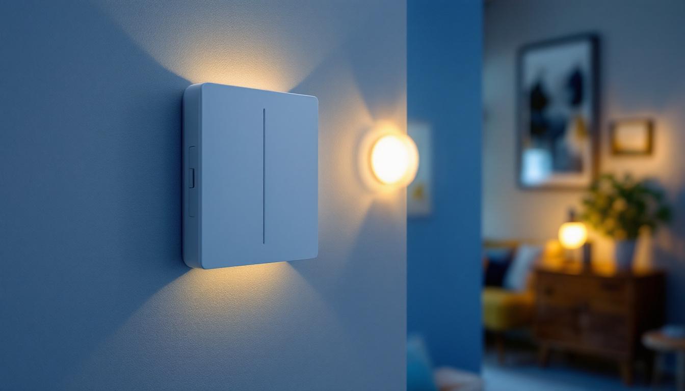 A photograph of a modern phone-operated light switch in a stylish home setting
