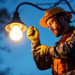 A photograph of a lighting contractor replacing a street light bulb at dusk