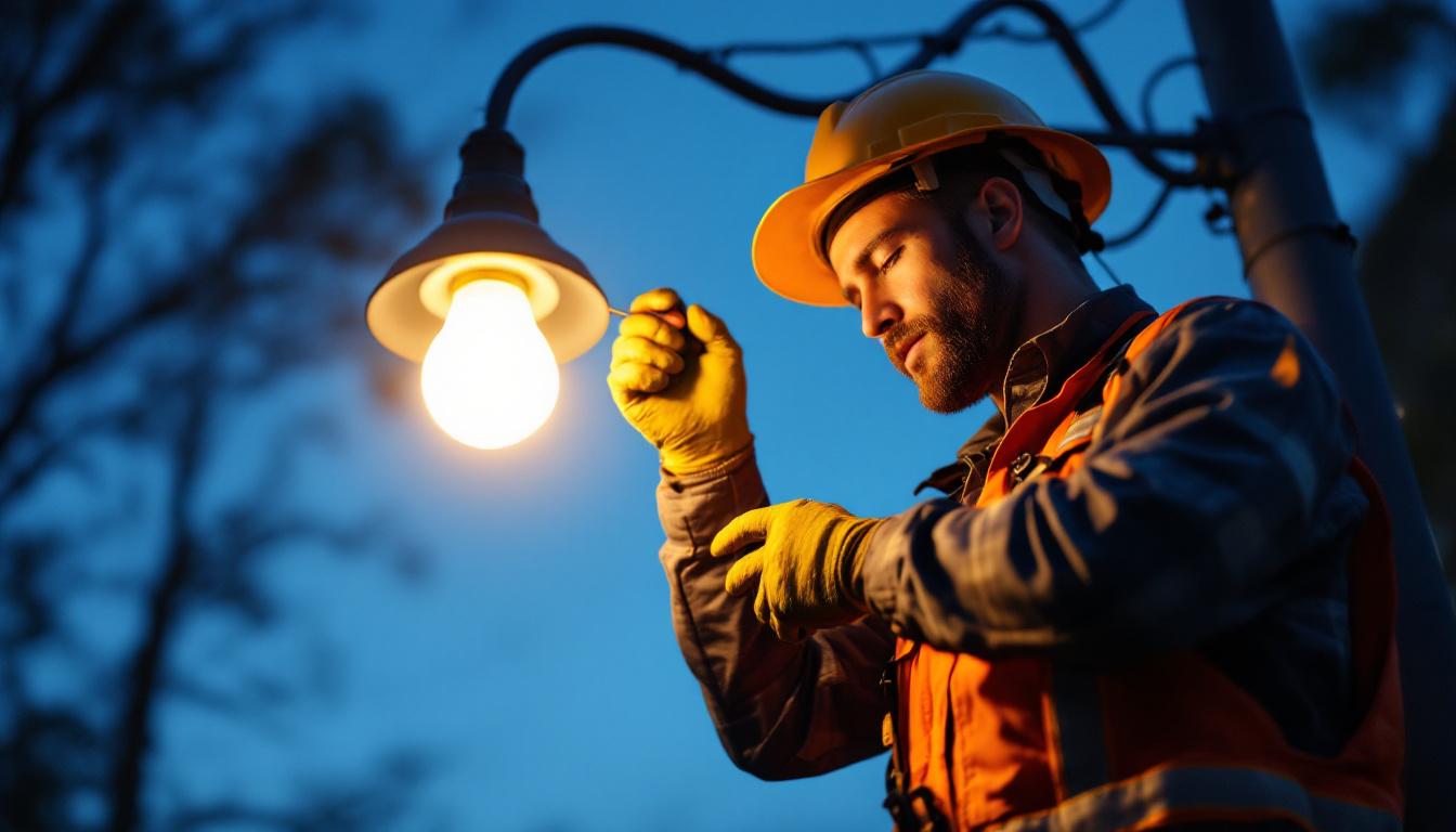 A photograph of a lighting contractor replacing a street light bulb at dusk