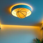 A photograph of a stylish basketball-themed ceiling light installed in a modern interior setting