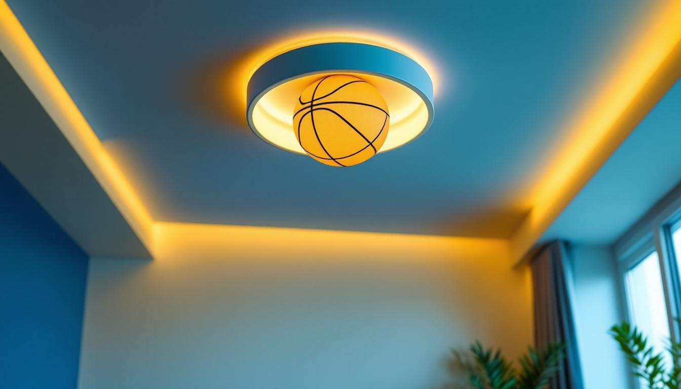 A photograph of a stylish basketball-themed ceiling light installed in a modern interior setting
