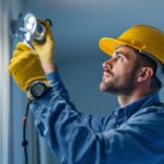 A photograph of a lighting contractor working diligently on a residential or commercial installation of 4-in led lights