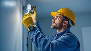 A photograph of a lighting contractor working diligently on a residential or commercial installation of 4-in led lights