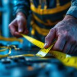 A photograph of a lighting contractor using a 100-foot fish tape in a workspace
