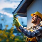 A photograph of a skilled lighting contractor installing a sleek solar light fixture in an outdoor setting