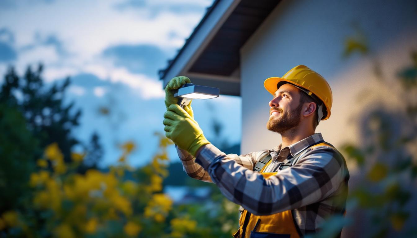 A photograph of a skilled lighting contractor installing a sleek solar light fixture in an outdoor setting