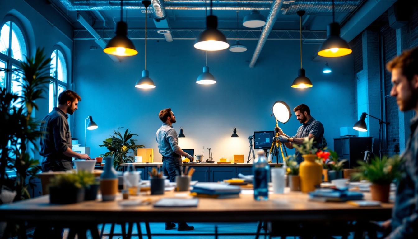 A photograph of a well-lit workspace where lighting contractors are installing or adjusting fixtures with a color temperature of 4000k