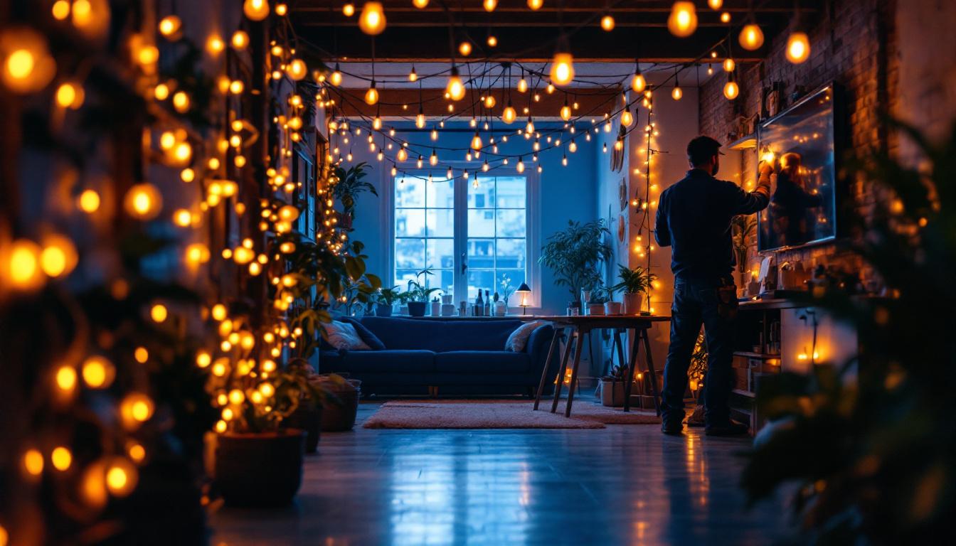 A photograph of a beautifully lit basement space adorned with warm