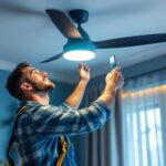 A photograph of a skilled lighting contractor installing a modern ceiling fan with an integrated smart lighting system in a stylish home interior