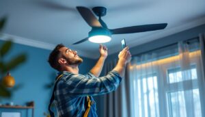 A photograph of a skilled lighting contractor installing a modern ceiling fan with an integrated smart lighting system in a stylish home interior