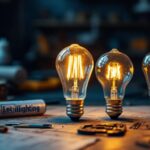 A photograph of a vintage light bulb alongside modern led bulbs