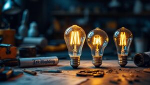 A photograph of a vintage light bulb alongside modern led bulbs