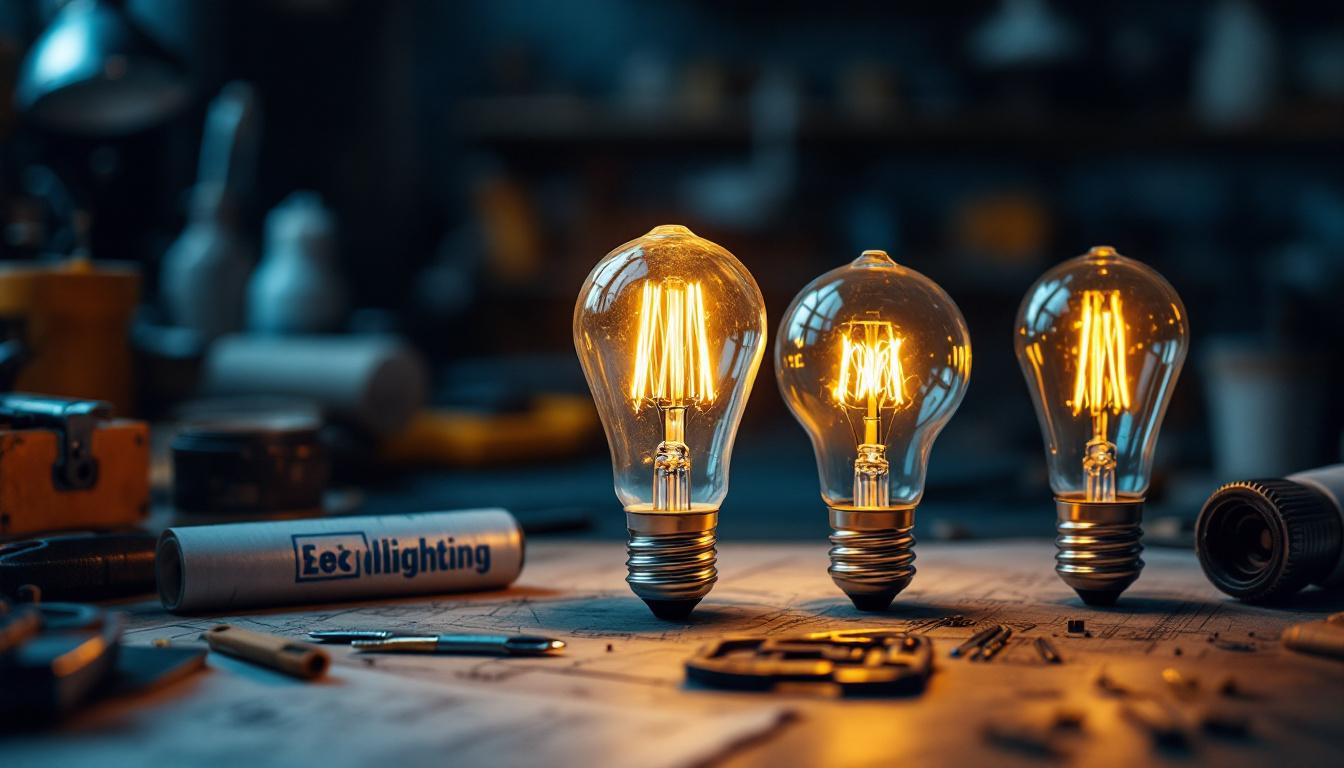 A photograph of a vintage light bulb alongside modern led bulbs